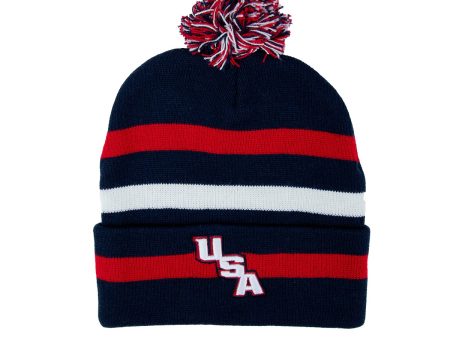 USA Men s Pom Beanie Red White Blue One Size For Discount