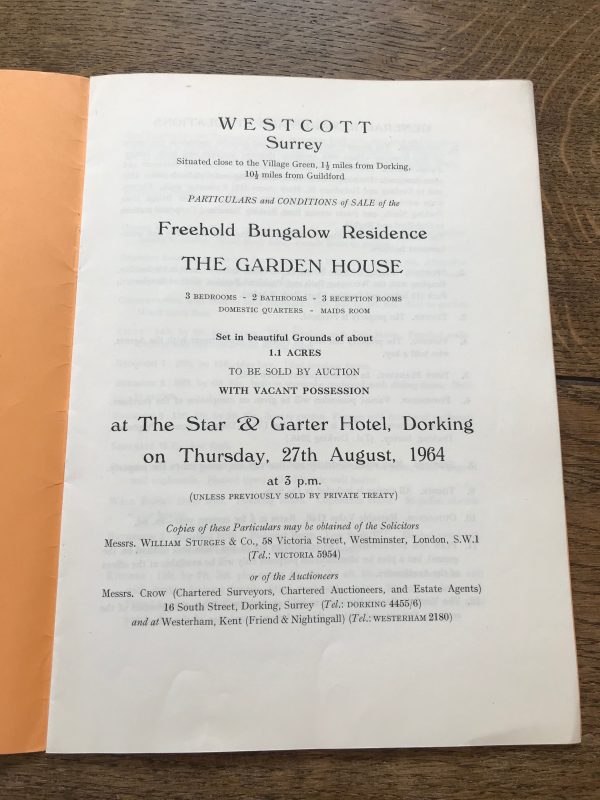 The Garden House, Westcott, Surrey 1964 Sales Particulars Supply