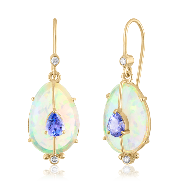 Single Drop Ethiopian Opal and Tanzanite Earrings Supply