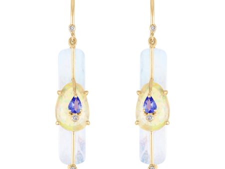 Moonstone Stick Earrings with Opal and Tanzanite on Sale