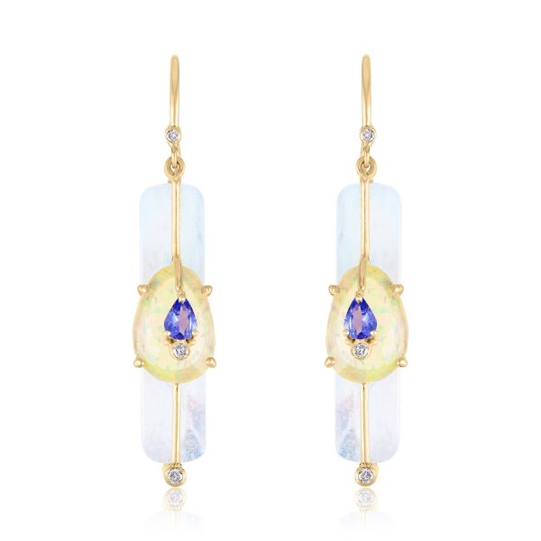 Moonstone Stick Earrings with Opal and Tanzanite on Sale