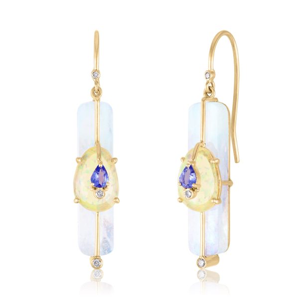 Moonstone Stick Earrings with Opal and Tanzanite on Sale