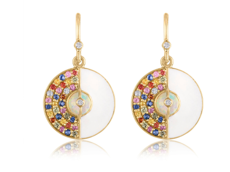 Round Earrings with Sapphires, Enamel and Ethiopian Opal on Sale