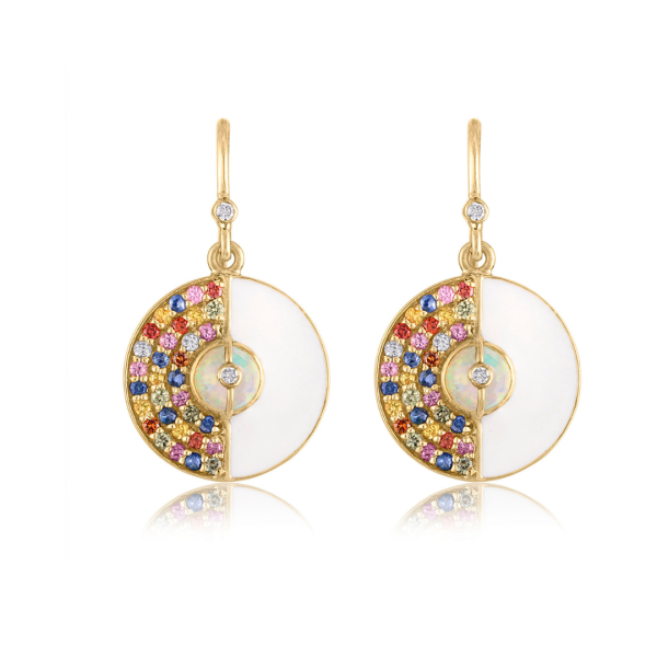 Round Earrings with Sapphires, Enamel and Ethiopian Opal on Sale