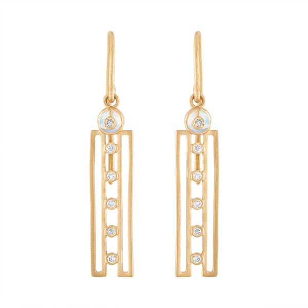 HARMONY EARRINGS WITH MOONSTONES, DIAMONDS AND 14K GOLD For Sale