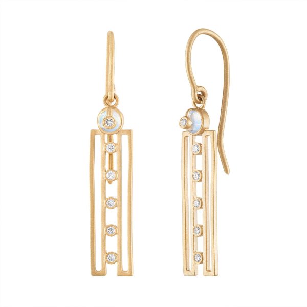 HARMONY EARRINGS WITH MOONSTONES, DIAMONDS AND 14K GOLD For Sale