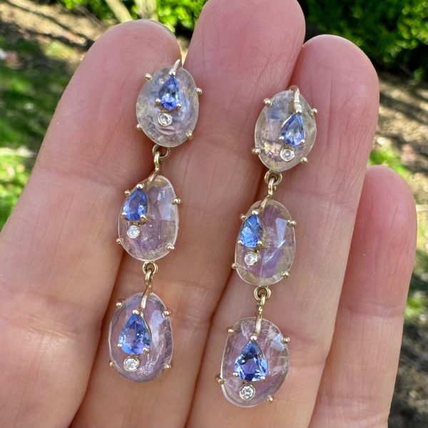 Moonstone and Tanzanite Cascade Earrings For Sale